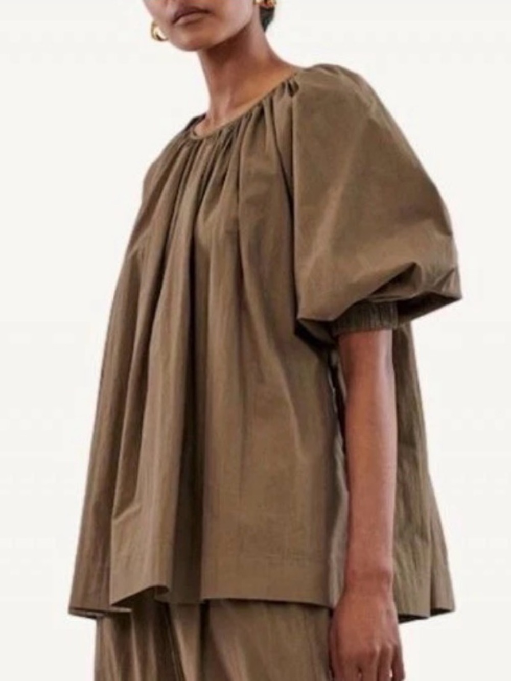 CO Essentials Puff Sleeve Gathered Crew Neck Circle Top Brown Small Pockets